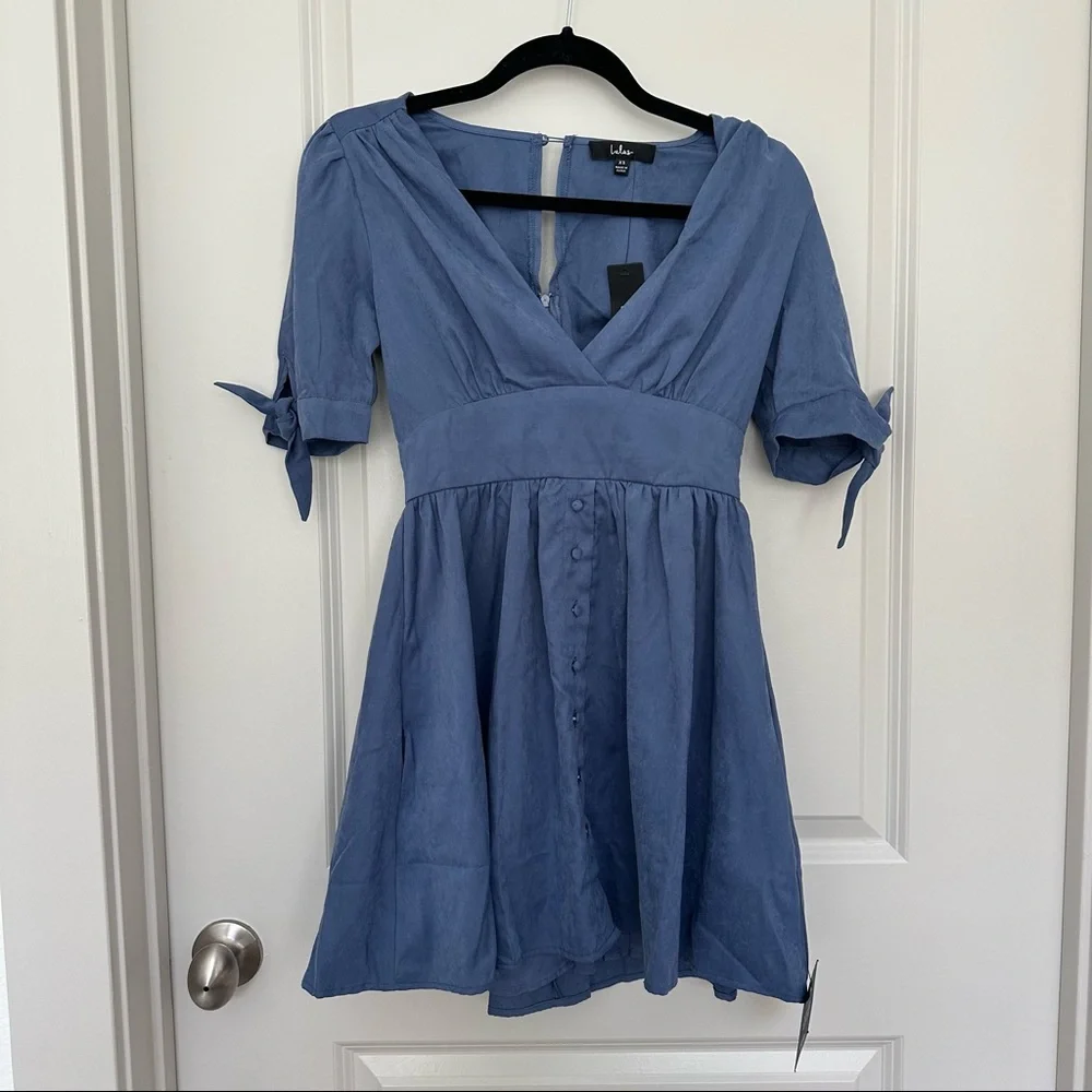 NWT Lulus Absolutely Sweet Blue Button-Up Short Sleeve Mini Dress - Picture 5 of 6